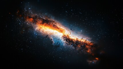   A close-up of an extremely vibrant orange and black object against a dark background, surrounded by twinkling stars