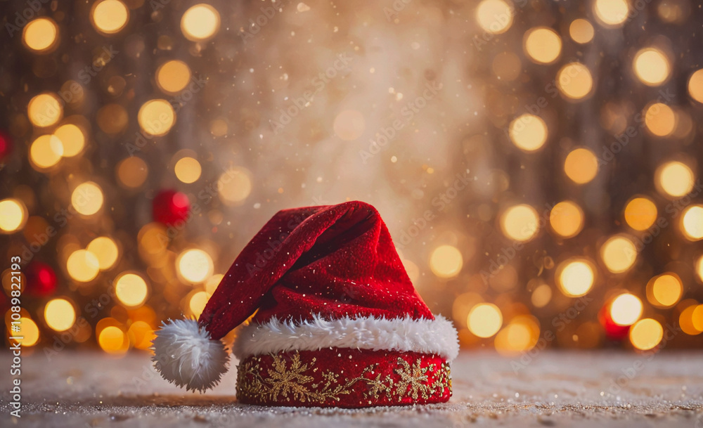 Poster a festive red hat with a white band and a white pom pom sits on a snowy surface, creating a warm and