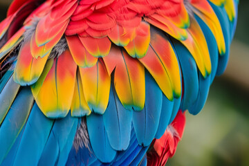 Fototapeta premium Colorful feathers of a parrot exhibit striking red, blue, and yellow hues, showcasing the beauty of nature in a vibrant tropical environment