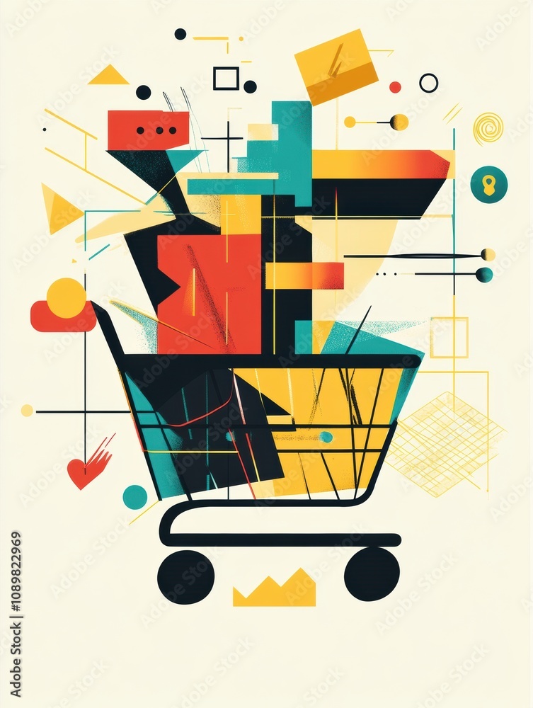 Fototapete Colorful geometric shapes form an abstract shopping cart, blending flowing lines and sharp angles to create a unique artistic expression. Generative AI