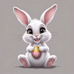 Fototapeta premium Cute white rabbit holding a colorful Easter egg with a joyful expression in a simple background setting