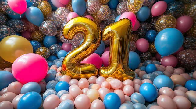 Golden '21' balloons with colorful confetti balloons creating festive atmosphere, perfect for milestone birthdays, vibrant celebrations, or party decor with cheerful vibes