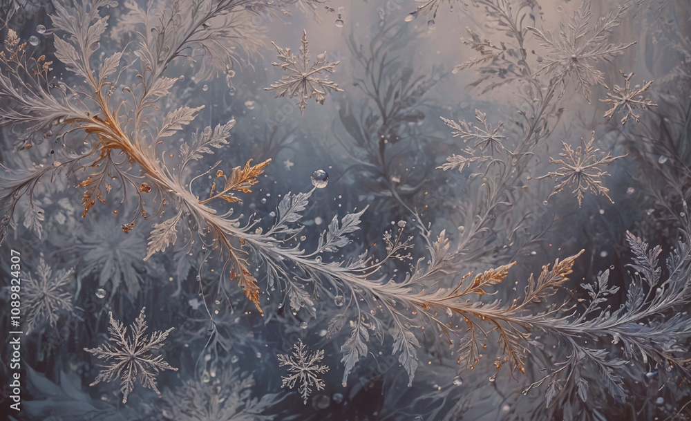 Poster a painting of a snowy landscape with a branch and leaves. the branch is covered in snow and has a go
