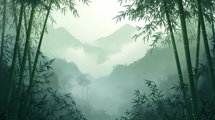 Foggy asian mountain bamboo forest lush green trees. Lush Bamboo Forest. Illustration