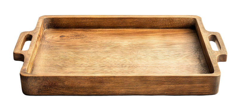 Wooden serving tray with side handles, isolated on transparent cutout background