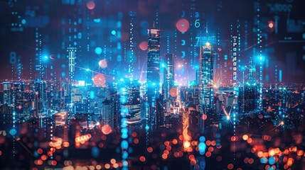 Fototapeta premium A futuristic cityscape with glowing digital data and networks overlaying the skyline at night.