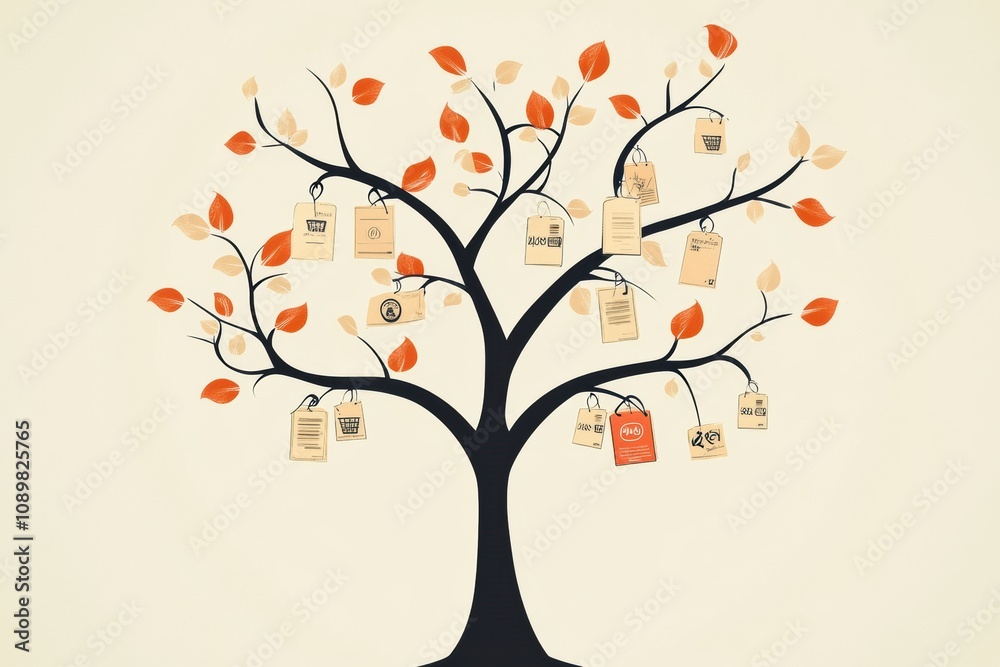 Leinwandbilder A tree features abstract branches adorned with discount symbols and price tags, creatively highlighting sale offerings in a unique design. Generative AI