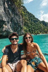Fototapeta premium Young couple enjoying a traditional Thai longtail boat ride through crystal-clear waters, surrounded by lush limestone cliffs, relaxed and adventurous mood, vibrant tropical setting