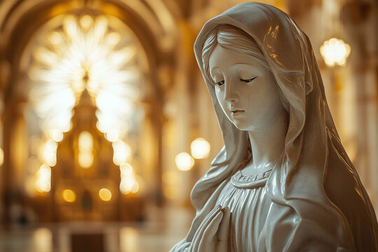 Nossa senhora aparecida statue against soft focus cathedral interior.