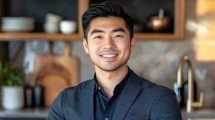 Fototapeta premium Confident Young Man Smiling in Modern Kitchen Setting