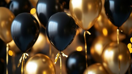 Black and gold balloons with ribbons in a New Year's Eve party room, generative ai