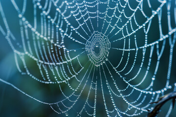 The delicate spider web catches the soft rays of dawn, adorned with tiny droplets of water that amplify its intricate design and shimmer against a blurred background