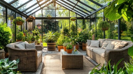 In the garden yard close to the villa is a lovely glass greenhouse building. Inside are wicker rattan chairs. several containers filled with various plants. Plant seedlings are grown in a greenhouse. 