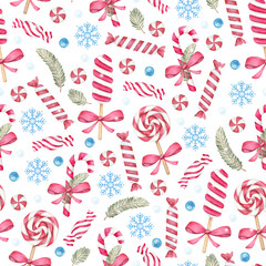 Pattern with hand-drawn Christmas watercolor illustrations. Christmas candies, lollipops and sweets. Perfect for festive decor for Christmas, birthday, children's party.