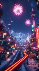 Futuristic city skyline with glowing lights and fireworks display over snowy landscape.
