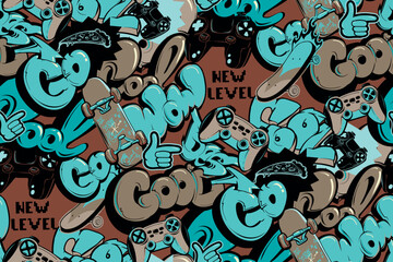 Graffiti words seamless pattern with skateboard, gamepad for kids, teenagers textile, fashion clothes, wrapping paper. Repeated print with graffiti text Cool, wow, go. © Kseniia Koval