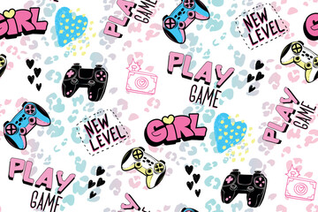 ПечатьAbstract seamless gamepad pattern with text New level, Play game, Girl, Hearts sketch sign, photo camera. Teenager gaming repeat print for girl textile, clothes, wrapping paper. © Kseniia Koval