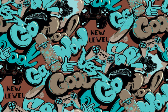 Graffiti words seamless pattern with skateboard, gamepad for kids, teenagers textile, fashion clothes, wrapping paper. Repeated print with graffiti text Cool, wow, go.