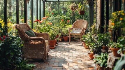 In the garden yard close to the villa is a lovely glass greenhouse building. Inside are wicker rattan chairs. several containers filled with various plants. Plant seedlings are grown in a greenhouse. 