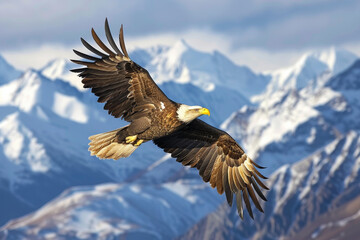 Obraz premium A powerful eagle glides gracefully through the air, wings fully spread, against the backdrop of rugged mountains covered in snow, showcasing nature's beauty