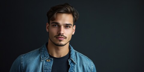 Obraz premium Stylish Young Man in Denim Jacket Posing Against Dark Background