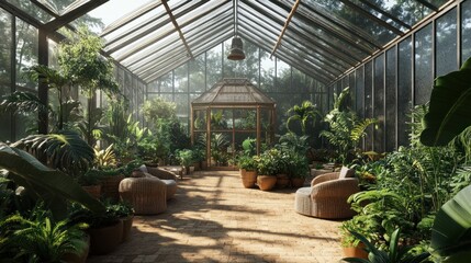 In the garden yard close to the villa is a lovely glass greenhouse building. Inside are wicker rattan chairs. several containers filled with various plants. Plant seedlings are grown in a greenhouse. 