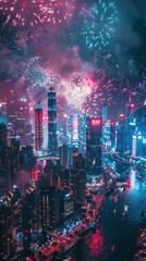 Obraz premium Fireworks explode over a modern cityscape at night.