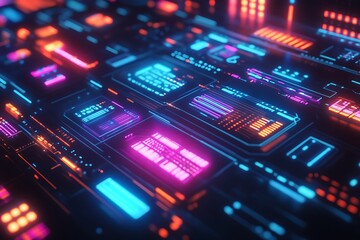 Obraz premium High-tech holographic interface with futuristic elements in neon
