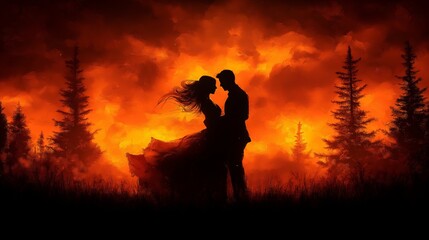 Silhouette of a couple embracing in front of a blazing orange sky, framed by pine trees, with dramatic clouds and fiery tones, evoking passion, romance, and timeless love