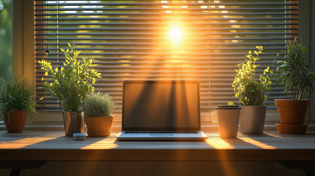 Sunlit Home Office with Laptop, Potted Plants, and Coffee &ndash; Tranquil and Productive Workspace