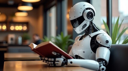 Fototapeta premium cyborg reading a book sitting in a cafe