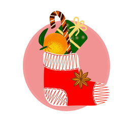 Sock with gifts, candy, orange, packaging, bow, circle pattern, colorful bright illustration, product card, price tag, christmas, new year, holiday