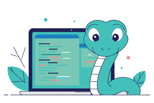 Vector illustration of cute python coding on the laptop