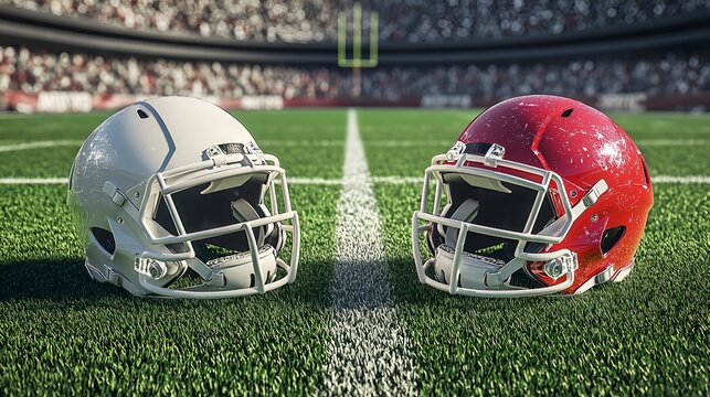 on a green football field lie two football helmets, one red, the other white, located opposite each other