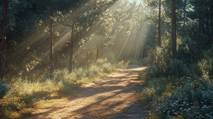 The pine forest road was illuminated by bright rays of sunlight. Morning sun beams in a gorgeous landscape.
