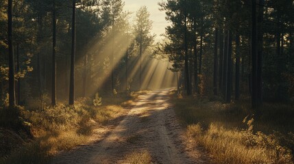 Obraz premium The pine forest road was illuminated by bright rays of sunlight. Morning sun beams in a gorgeous landscape. 