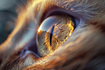 The mesmerizing reflection in a cat's eye showcases vibrant colors and intricate details of nature, illuminated by the warm glow of the setting sun