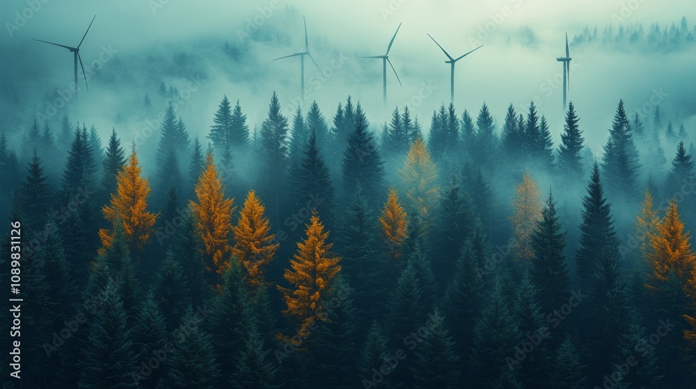 Poster autumn colors emerge amidst the dense, fog-covered forest. tall evergreen trees surround several win