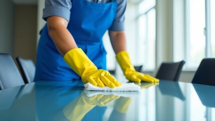 cleaning girl in special blue uniform and yellow gloves wiping glass table in office