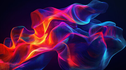 Obraz premium A kinetic abstract composition with glowing geometric shapes in motion, vibrant neon palette. Trend, Trending 2025, Trending art.