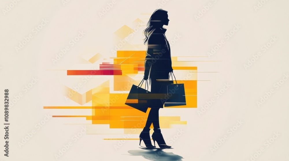 Aufkleber a silhouette stands confidently while holding shopping bags, set against a dynamic abstract backdrop