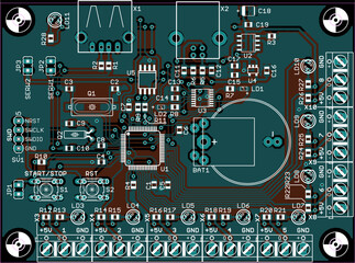 Vector printed circuit board of electronic device with components of radio elements, 
conductors and contact pads placed on pcb. Engineering technical educational drawing. Computer technic cad design.