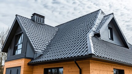 Obraz premium Black Metal Roof with Dormer Window on a Wooden House
