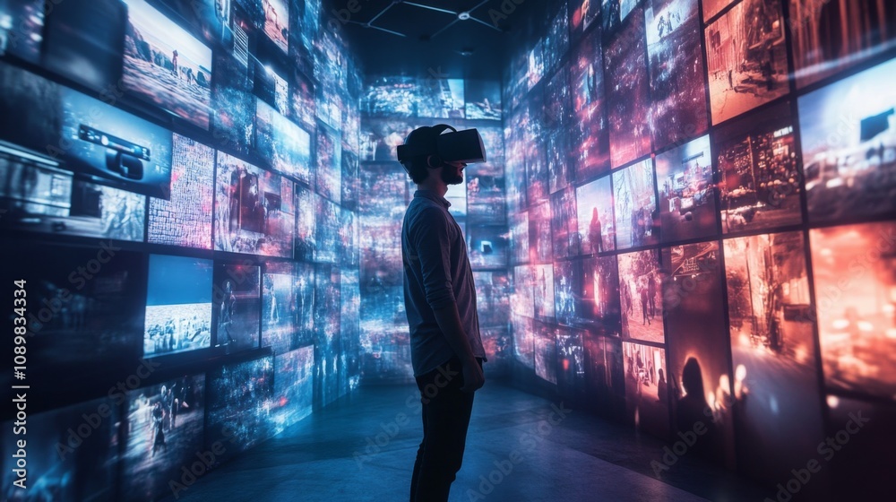Poster a man wearing a vr headset stands facing away from the camera in a dimly lit room, surrounded by scr