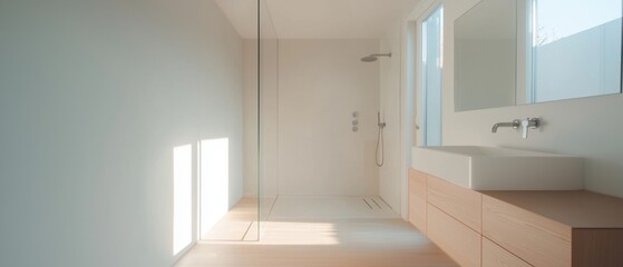 A bathroom with a white sink and a glass shower stall