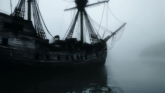 Slow motion spooky ghost ship in fog on calm water. Flying dutchman at night. Mystery concept for Halloween, maritime and historical events. Pirate schooner, brigantine, frigate for naval drama film