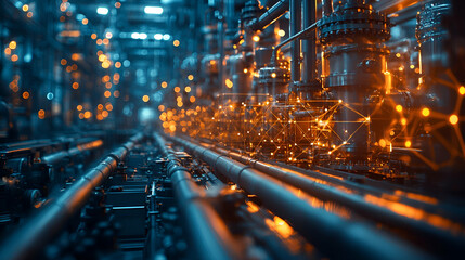 A futuristic perspective of illuminated pipes and cables, showcasing intricate network designs amidst a dark, industrial setting.