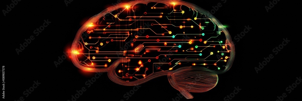 Poster An abstract digital brain with intricate circuitry and glowing elements, blending technology and cognition. Generative AI