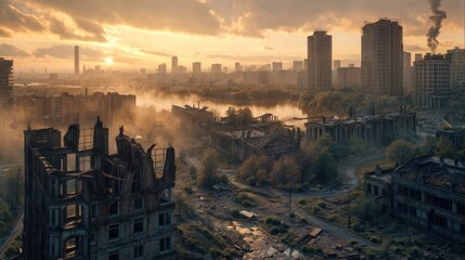 Post-apocalyptic city with ruins. Destroyed post-apocalyptic city.