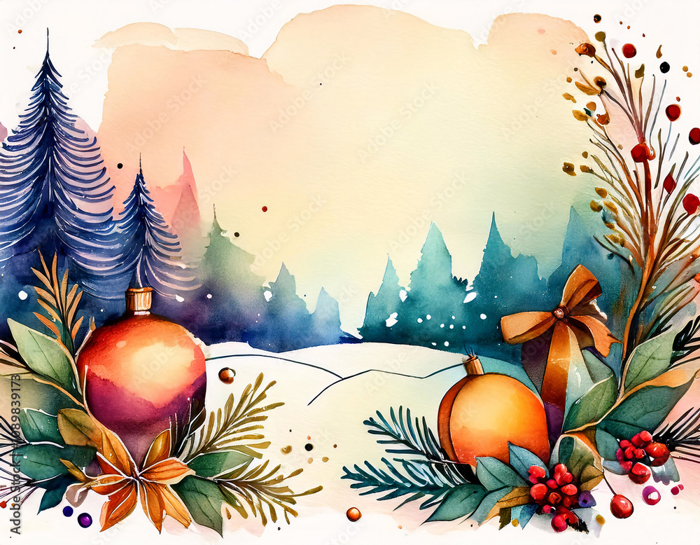 Wall mural A festive Christmas scene with pine branches, ornaments, and stars painted in watercolor